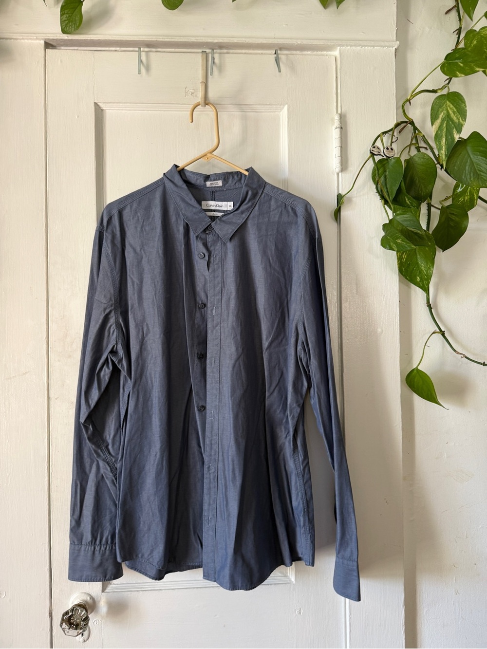 Calvin Klein Men's Button-Up Shirt in Slate Blue slim fit size 2XL 100% cotton
